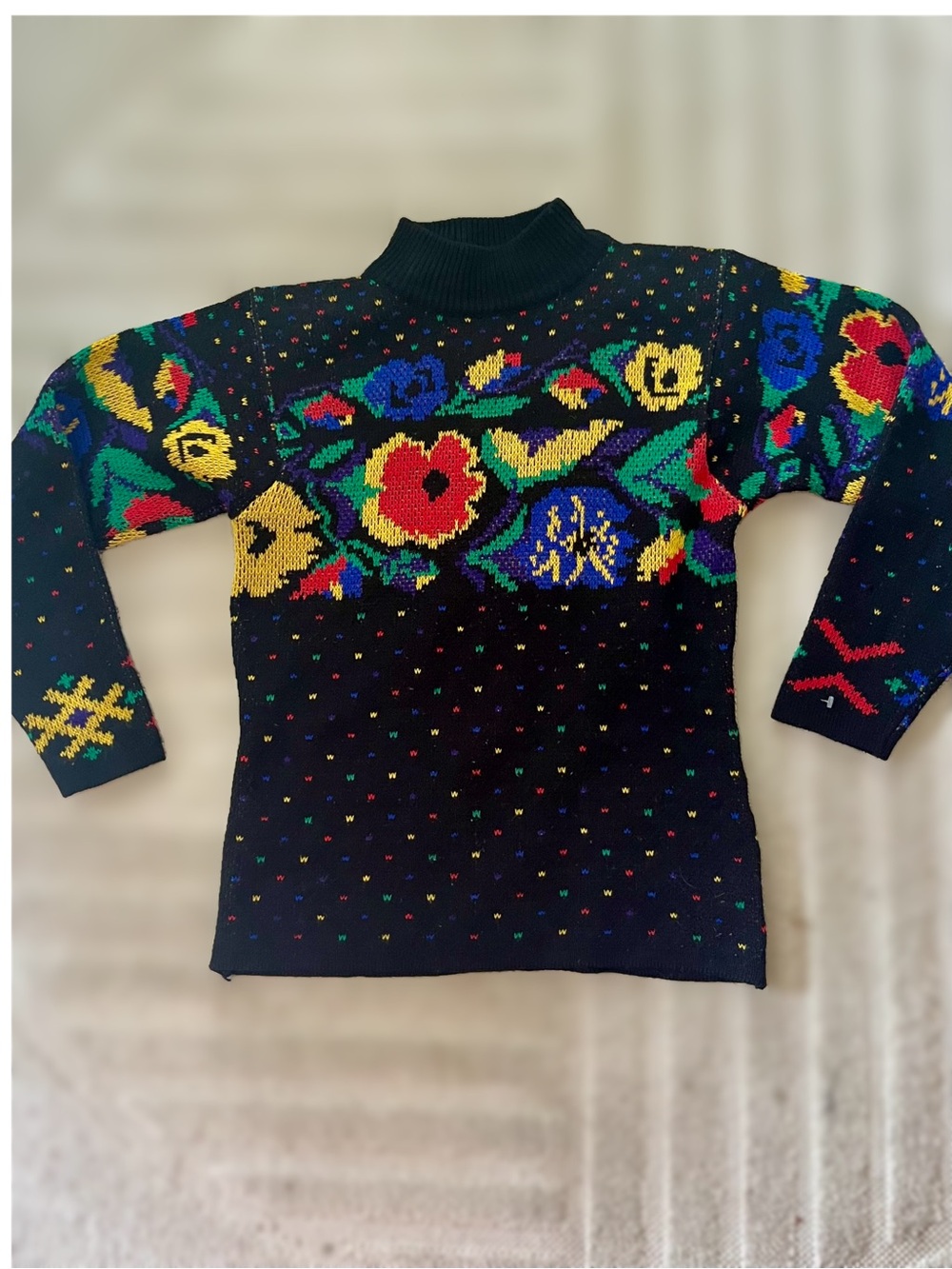 Vintage 80s Colorful Floral Mock Neck Knit Sweater - 100% Acrylic Sz M